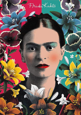 Educa Frida Kahlo 500-piece jigsaw puzzle featuring a stylized illustration of Frida Kahlo surrounded by vibrant floral patterns in multiple colors.