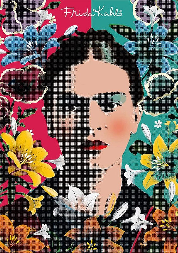 Educa Frida Kahlo 500-piece jigsaw puzzle featuring a stylized illustration of Frida Kahlo surrounded by vibrant floral patterns in multiple colors.