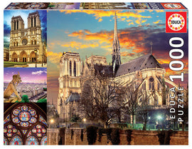 EDUCA jigsaw puzzle featuring a stunning collage of the Notre Dame Cathedral, showcasing detailed images of its architectural beauty, windows, and surrounding scenery. The puzzle contains 1000 pieces, offering a challenging and engaging experience for puzzle enthusiasts and art lovers alike.