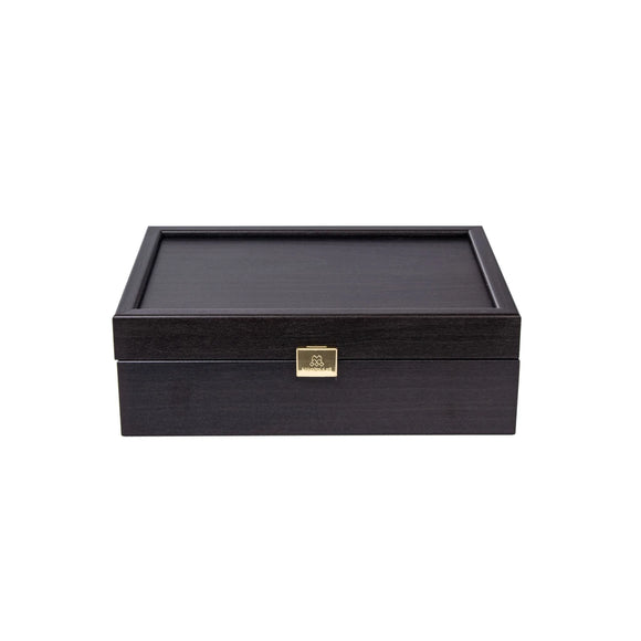 Manopoulous Chess Box K:2.6" featuring a sleek black design, a gold clasp closure, and a spacious interior for storing chess pieces. The box is rectangular and has a smooth finish, ideal for elegant chess storage.