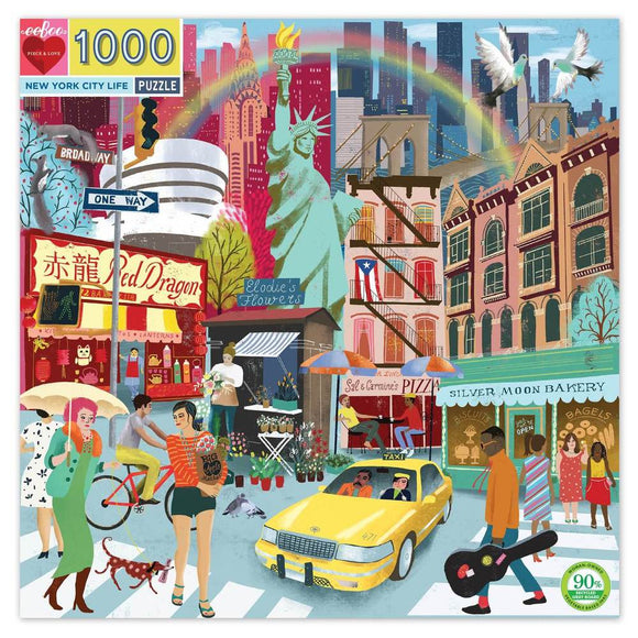 A colorful jigsaw puzzle featuring a vibrant New York City scene with iconic landmarks like the Statue of Liberty and the Empire State Building. The image showcases a bustling street filled with pedestrians, food vendors, and a yellow taxi, creating a lively city atmosphere. Bright colors and charming illustrations capture the essence of NYC life, perfect for puzzle lovers and urban enthusiasts.