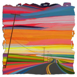 A vibrant jigsaw puzzle featuring a stunning abstract sunset scene with bold strokes of orange, pink, and purple colors. The artwork captures a winding road bordered by telephone poles that draws the eye into the horizon over fields of various bright hues, designed by artist Grant Haffner for Artifact Wooden Puzzles.