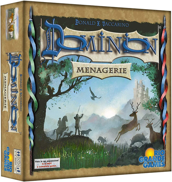The box cover of the board game 'Dominion: Menagerie' by Rio Grande Games. It features a fantastical landscape with a castle in the background, forest scenes, and silhouettes of various animals including deer and birds. The title 'Dominion' is prominently displayed in a decorative font, alongside the subtitle 'Menagerie'. The design reflects a mystical theme, suitable for the expansion of the popular Dominion game.