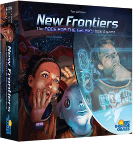 The board game 'New Frontiers' by Rio Grande Games. The box cover features vibrant artwork depicting diverse characters exploring space, showcasing excitement and adventure. The title 'New Frontiers' is prominently displayed along with 'The Race for the Galaxy' tagline, inviting players to embark on a galactic journey.