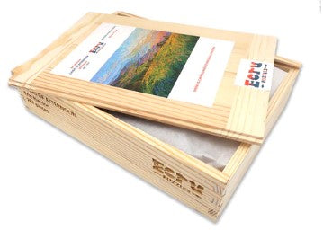 Layers of Afternoon jigsaw puzzle by Erin Hansen, made by Artifact Wooden Puzzles. The wooden puzzle comes in a handcrafted box showcasing vibrant artwork of a landscape, featuring rich colors and detailed graphic design. The packaging includes a printed label with the product title and brand, emphasizing its quality and craftsmanship.