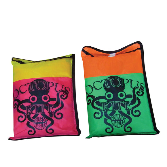 Colorful Octopus Kite by House of Marbles, featuring a vibrant design with an octopus graphic. The kite is packed in a bright, multi-colored bag that includes shades of pink, yellow, green, and orange, making it eye-catching and fun for outdoor activities.