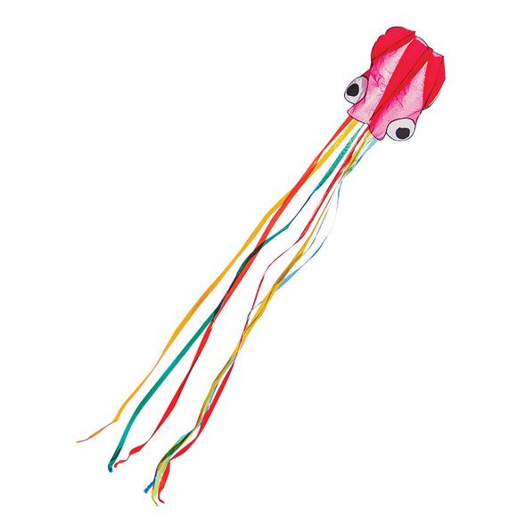 Colorful octopus kite featuring a bright red body with large googly eyes and vibrant streamers in various colors trailing behind. Ideal for outdoor fun and bringing joy to kite flying enthusiasts of all ages.