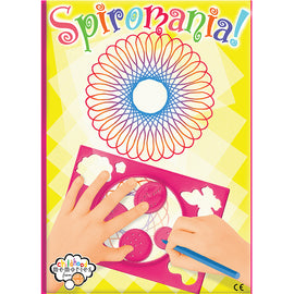 Spiromania DIY kit by House of Marbles featuring vibrant colored gears and tools. Two hands are seen creating colorful spiral designs on paper, showcasing creativity and artistic fun.