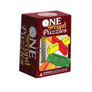One Second Puzzles boxed mechanical puzzle by House of Marbles. The packaging features an engaging design with bright colors, showcasing various puzzle components, including a spring and colorful pieces, aimed at providing quick challenge fun for puzzle enthusiasts.