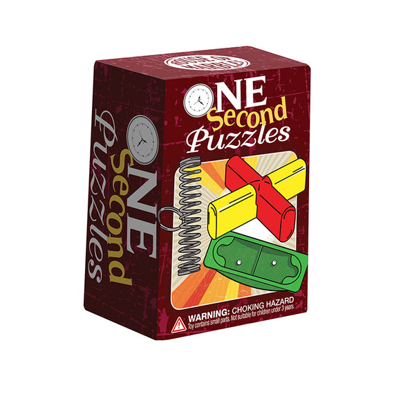 One Second Puzzles boxed mechanical puzzle by House of Marbles. The packaging features an engaging design with bright colors, showcasing various puzzle components, including a spring and colorful pieces, aimed at providing quick challenge fun for puzzle enthusiasts.