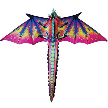 A vibrant dragon kite featuring colorful dragon graphics with fiery patterns on its wings, designed for fun outdoor play and easy flying.