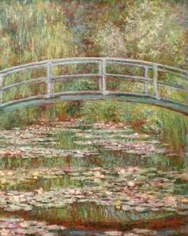 A beautifully designed jigsaw puzzle titled 'Monet Bridge' by Artifact Wooden Puzzles. The image features a serene impressionist scene of a delicate bridge over a pond filled with water lilies, embodying the tranquil essence of nature as captured by Claude Monet.