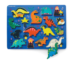 Colorful wooden jigsaw puzzle featuring various dinosaur shapes set against a vibrant blue background. The puzzle includes 16 unique dinosaur pieces like a T-Rex, brontosaurus, and a stegosaurus among fun elements like plants and volcanoes, designed for children’s imaginative play and learning.