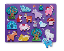 Colorful Lets Play Wood Puzzle: Unicorn Garden featuring various whimsical animal shapes including unicorns, foxes, and trees, designed for children by Crocodile Creek.