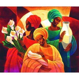 A vibrant jigsaw puzzle titled 'Caress' by Sunsout Inc. featuring three women in colorful attire. The women are depicted in an artistic style, one holding a bouquet of white flowers, another cradling a baby, and the third holding a pot. The background is filled with rich colors, creating an uplifting and warm atmosphere.