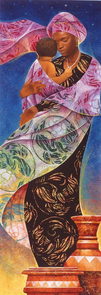 A vibrant jigsaw puzzle titled 'Usiku' by SunsOut Inc. featuring a striking and colorful image of a mother embracing her child, set against a cosmic backdrop. The intricate patterns and rich colors in the fabrics symbolize warmth, love, and cultural heritage, making it a delightful and meaningful image for puzzle lovers.