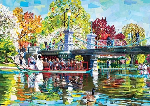 A vibrant jigsaw puzzle featuring a scenic view of a bustling garden by a serene river. A boat filled with people glides along the water, surrounded by colorful autumn trees, a picturesque bridge, and reflections in the water. Ducks can be seen swimming nearby, adding to the lively garden atmosphere. Perfect for puzzle lovers, this artwork captures the beauty of nature and joyful moments.