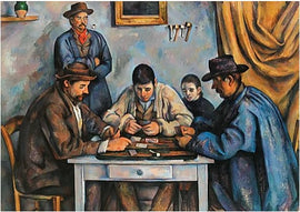 A jigsaw puzzle titled 'The Card Players' by Art & Fable Puzzle Co, featuring a colorful depiction of four men engaged in a card game at a table, with a boy observing them in the background. The artwork showcases a blend of warm tones and expressive brushstrokes, capturing the intense concentration of the players and the ambiance of a social gathering.