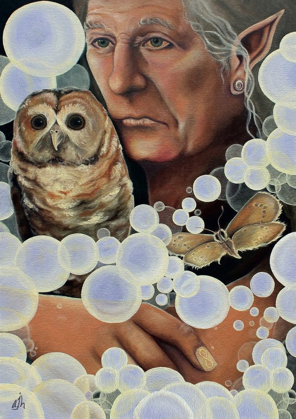 A beautifully illustrated jigsaw puzzle titled 'Watcher; Protector' by Art & Fable Puzzle Co, featuring a mystical figure with pointed ears, portraying deep introspection while holding an owl and surrounded by floating bubbles and a butterfly. The artwork combines elements of fantasy and nature, capturing a serene and contemplative atmosphere.