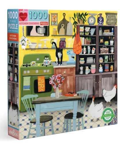 Eeboo's Kitchen Chickens is a colorful 1000-piece jigsaw puzzle featuring a vibrant kitchen scene with chickens, a cat, various kitchenware, and a cheerful color palette. The illustration captures a delightful and cozy home atmosphere, perfect for puzzle enthusiasts of all ages.