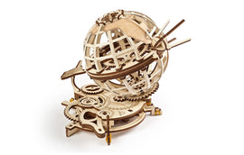 A detailed wooden 3D model of a globe from UGears 3D. The globe features intricate gears and components, showcasing a combination of mechanical design and artistic flair, perfect for DIY enthusiasts. The globe is balanced on a circular base with additional engineering elements visible, emphasizing its complexity as a mechanical puzzle kit.