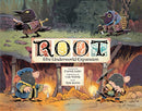 Cover art for 'Root: The Underworld Expansion' game by Leder Games. Features whimsical artwork of various animal characters, including a crow and a mole, engaged in playful activities in a forest setting. The title is prominently displayed at the center, with decorative elements surrounding it.