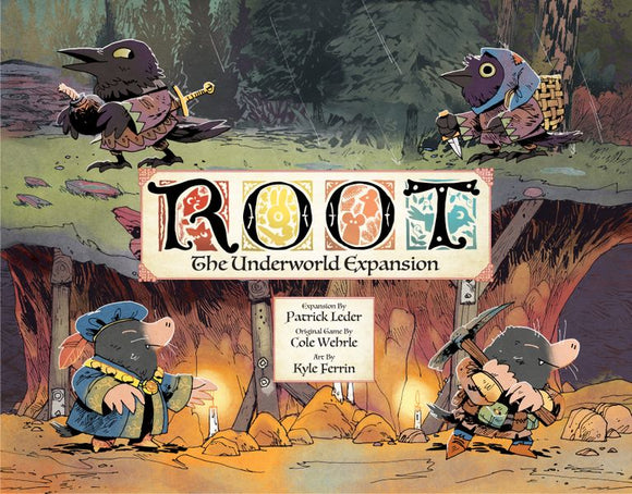 Cover art for 'Root: The Underworld Expansion' game by Leder Games. Features whimsical artwork of various animal characters, including a crow and a mole, engaged in playful activities in a forest setting. The title is prominently displayed at the center, with decorative elements surrounding it.