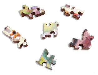 A close-up view of six unique wooden jigsaw puzzle pieces featuring vibrant colors and artistic designs, highlighting the craftsmanship of The Sunday Paper jigsaw puzzle by Kathryn Freeman and made by Artifact Wooden Puzzles.
