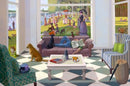 A colorful jigsaw puzzle image depicting a cozy living room scene. A person is reclining on a sofa, reading a book, while dogs and cats are relaxed nearby. In the background, people enjoy a sunny day by the water, surrounded by lush greenery. The scene is vibrant and inviting, perfect for puzzle enthusiasts.
