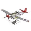 A detailed, metallic DIY model kit of the P-51D Mustang, featuring red and silver coloring, iconic Tuskegee Airman markings, and a propeller. The model is displayed on a stand, highlighting its intricate design and craftsmanship.