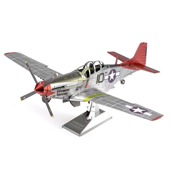 A detailed, metallic DIY model kit of the P-51D Mustang, featuring red and silver coloring, iconic Tuskegee Airman markings, and a propeller. The model is displayed on a stand, highlighting its intricate design and craftsmanship.