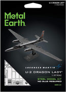 Metal Earth U-2 Dragon Lady model kit packaging featuring a detailed image of the U-2 spy plane, made from steel, 1:157 scale, includes two sheets. The text displays brand and product details.