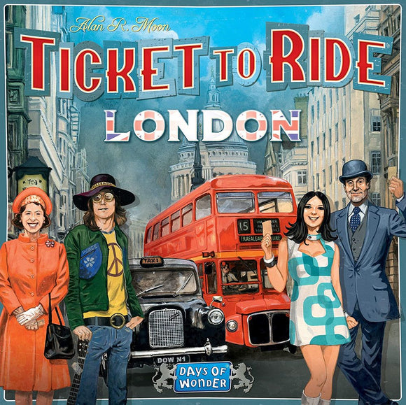 Ticket to Ride: London board game by Days of Wonder featuring iconic London scenes, including a red double-decker bus and stylish characters. The artwork showcases detailed illustrations with vibrant colors, perfect for game nights and family fun.