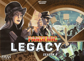 Pandemic Legacy: Season 0 game box featuring two characters in intense expressions, one holding a map, with a background depicting a snowy landscape and ominous structures, showcasing the immersive storytelling of the game.