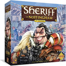 The box of Sheriff of Nottingham 2nd Edition by CMON, featuring vibrant artwork of characters including a grinning sheriff with coins and a busy marketplace in the background. The game is designed for 3-6 players and promotes strategy and negotiation skills.