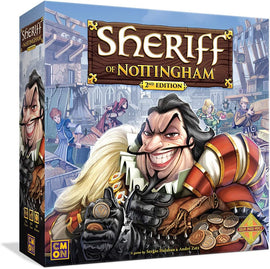 The box of Sheriff of Nottingham 2nd Edition by CMON, featuring vibrant artwork of characters including a grinning sheriff with coins and a busy marketplace in the background. The game is designed for 3-6 players and promotes strategy and negotiation skills.