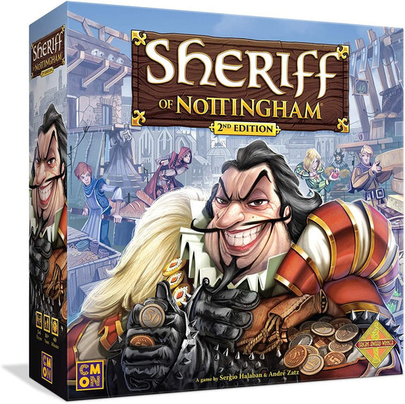 The box of Sheriff of Nottingham 2nd Edition by CMON, featuring vibrant artwork of characters including a grinning sheriff with coins and a busy marketplace in the background. The game is designed for 3-6 players and promotes strategy and negotiation skills.