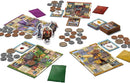 Sheriff of Nottingham 2nd Edition game featuring vibrant game boards, detailed player tokens, assorted coins, and cards arranged on a tabletop. The game's layout includes character illustrations, turn order cards, and various colored bags for in-game mechanics, suggesting a strategic and interactive gameplay experience.