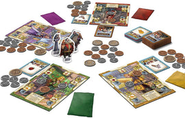 Sheriff of Nottingham 2nd Edition game featuring vibrant game boards, detailed player tokens, assorted coins, and cards arranged on a tabletop. The game's layout includes character illustrations, turn order cards, and various colored bags for in-game mechanics, suggesting a strategic and interactive gameplay experience.