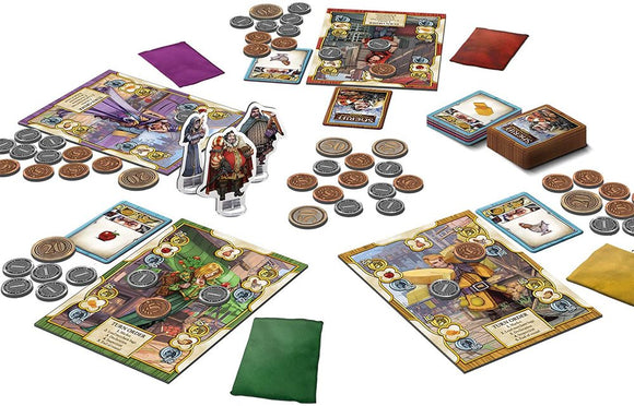 Sheriff of Nottingham 2nd Edition game featuring vibrant game boards, detailed player tokens, assorted coins, and cards arranged on a tabletop. The game's layout includes character illustrations, turn order cards, and various colored bags for in-game mechanics, suggesting a strategic and interactive gameplay experience.