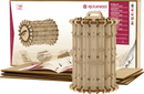 Labrynth Scroll and Roll DIY kit by Mr.Playwood featuring a 3D wooden model. The kit includes 100 parts and assembly instructions, showcasing a cylindrical structure with intricate designs.
