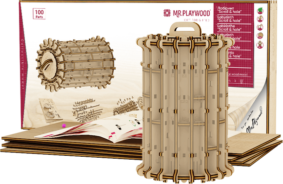 Labrynth Scroll and Roll DIY kit by Mr.Playwood featuring a 3D wooden model. The kit includes 100 parts and assembly instructions, showcasing a cylindrical structure with intricate designs.