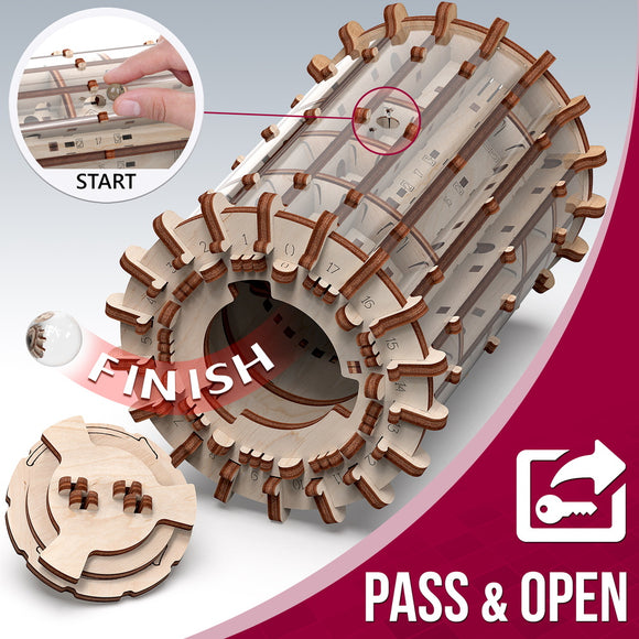 The Labrynth Scroll and Roll by Mr.Playwood is a unique DIY mechanical puzzle kit featuring a cylindrical design. The image shows the puzzle with a ball at the starting point, with arrows indicating the finish point, encouraging users to navigate through its intricate pathways. The stylish wooden finish highlights its craftsmanship and engaging gameplay.