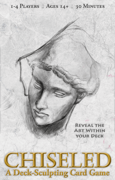 Chiseled card game box featuring a detailed sketch of a classical sculpture head. The game is designed for 1-4 players aged 14 and above, with a playtime of about 30 minutes. The title emphasizes 'Reveal the Art Within Your Deck'.