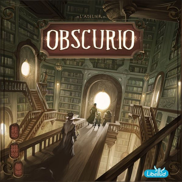 The game 'Obscurio' by Libellud features a mysterious library scene with characters exploring. The box art showcases a grand, elaborately designed space filled with books, inviting players into a captivating adventure.