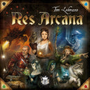 Res Arcana board game by Sand Castle featuring vivid artwork of mystical characters and elements, including a wizard, fae, and mythical creatures, showcasing the game's magical theme.
