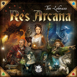 Res Arcana board game by Sand Castle featuring vivid artwork of mystical characters and elements, including a wizard, fae, and mythical creatures, showcasing the game's magical theme.