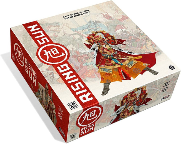 The game box of 'Rising Sun', featuring vibrant artwork of a samurai adorned in intricate armor with a red cape. The box design includes Japanese characters and additional detailed illustrations in the background, depicting warriors and mythical creatures. It emphasizes a blend of strategy and culture, suggesting engaging gameplay.