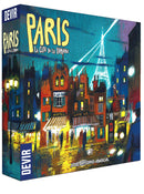 Paris: La Cité de la Lumière game by Devir Games featuring vibrant artwork depicting Paris at night, with lights and iconic structures like the Eiffel Tower. Ideal for game lovers and Paris enthusiasts.