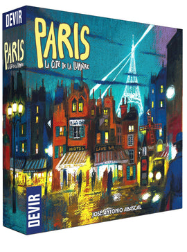 Paris: La Cité de la Lumière game by Devir Games featuring vibrant artwork depicting Paris at night, with lights and iconic structures like the Eiffel Tower. Ideal for game lovers and Paris enthusiasts.